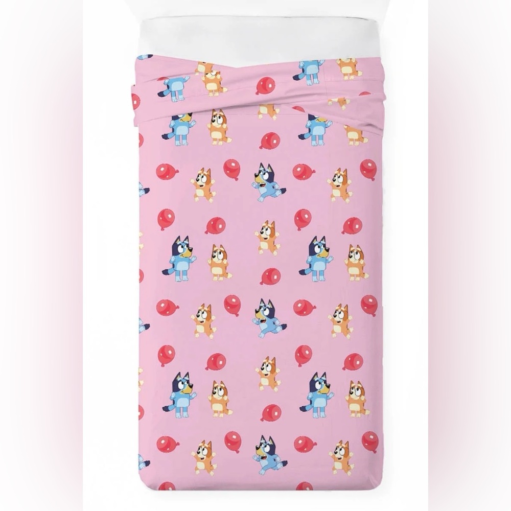 Bluey Balloon Party Kids Pink Twin Flat Sheet